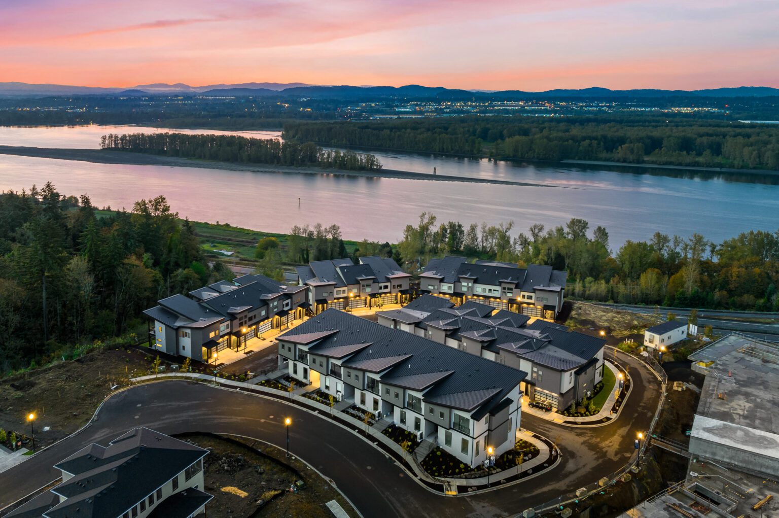 Boulder Ridge townhomes at sunrise above the Columbia River