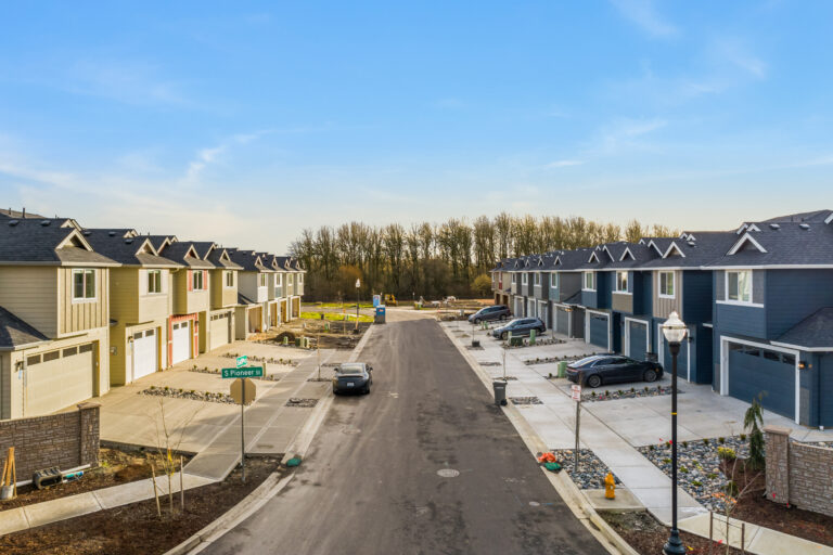 Finished street and townhomes at The Crossing