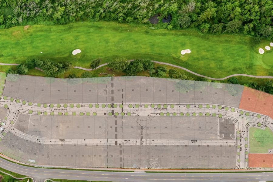 Overhead view of The Nines with the lot layout overlaid
